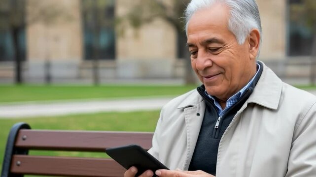 Senior Latin man using e-reader tablet on park bench