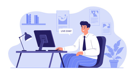 Business Man Using Live Chat On Computer In Modern Office Illustration