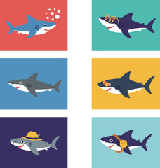 Naklejka premium Cute Shark Character and Icon Set. Funny Cartoon Sharks with Summer Accessories. Sea Animal Mascots for Vacation 
