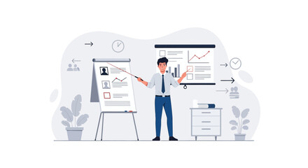 Fototapeta premium Business Presentation And Project Explanation With Modern Whiteboard In Office