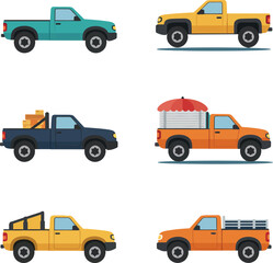 Fototapeta premium Collection of Various Pickup Trucks. Set of Different Truck Models. Flat Design Vector Illustrations.