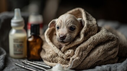 Newborn puppy cuddles up in a soft towel while enjoying a nourishing meal from a bottle in a cozy veterinary setting