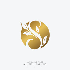 Fototapeta premium Golden Luxury Leaf Logo Design, Sophisticated Gold Circle S Logo with Organic Leaves, Abstract Golden Floral Sphere Logo