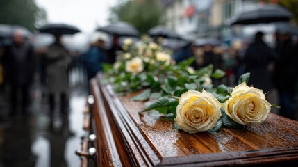Quiet farewell in the fog with a walnut-colored coffin and cream roses on a rainy morning