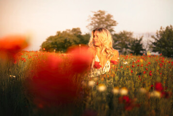 young beautiful blonde woman in white dress in poppy field at sunset. Woman and nature