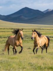 Obraz premium Two wild horses running free in a vast grassland with majestic mountains