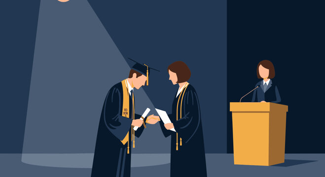 Graduation Ceremony Moment Receiving Diploma From Professor With Speaker Speech