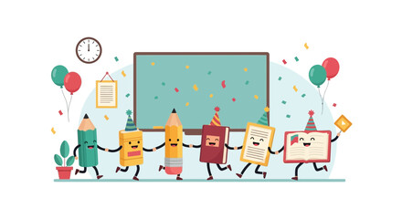 Fototapeta premium Cartoon Back To School Education Characters Party Celebration In Classroom