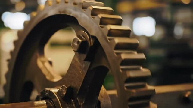 Close up shot of a large metal gear with visible teeth in a blurred background