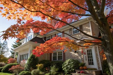 Stunning Autumnal Scene of a Brick House Adorned with Vibrant Maple Tree Foliage, Perfect for Fall Home Decor and...