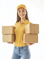 Delivery woman holding cardboard boxes and smiling on white background