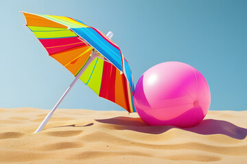 Colorful beach umbrella and ball on sunny sand bright summer vacation scene

