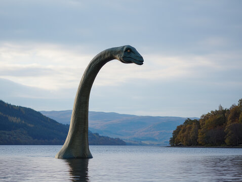 Loch ness monster emerging from water in scotland