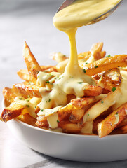French fries with cheese sauce being poured from spoon