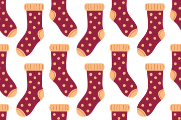 Seamless pattern with burgundy socks and polka dots. Soft and warm design for textile and cozy fall illustrations.