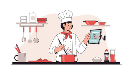 Female Chef Using Tablet For Recipe In Kitchen