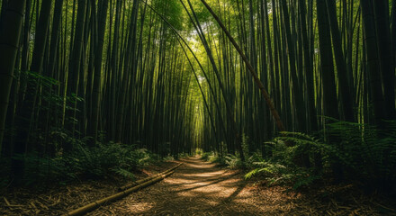 Obraz premium Pathway through a dense bamboo forest with sunlight filtering through the tall green stalks overhead