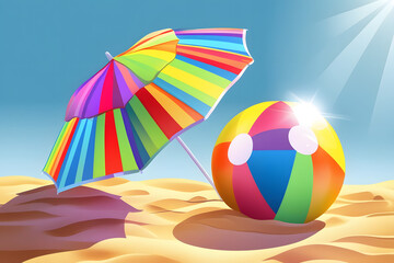 Colorful beach umbrella and ball on sunny sand bright summer vacation scene


