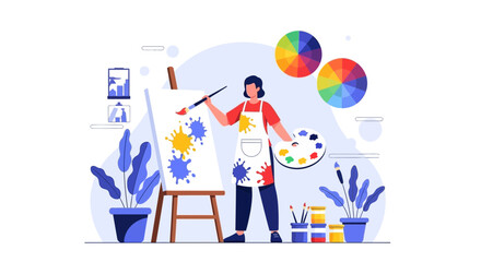 Female Painter Creates Colorful Artwork on Canvas in Art Studio Illustration