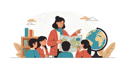 Female Teacher Explaining Geography Lessons With Map And Globe To Elementary School Students