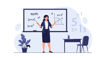 Fototapeta premium Female Teacher Explaining Mathematical Equations On Whiteboard In A Classroom Setting