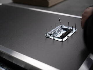 Flight case metal handle with riveting frame and mounting pins ready for installation on equipment...