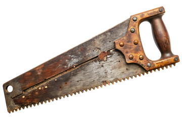 Old wooden hand saw with weathered blade and rusty metal fasteners isolated on a transparent background