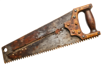 Old wooden hand saw with weathered blade and rusty metal fasteners isolated on a transparent background