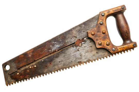 Old wooden hand saw with weathered blade and rusty metal fasteners isolated on a transparent background