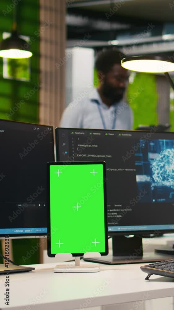 Fototapete vertical video admin writing code on isolated screen tablet, developing machine learning apis. it sp