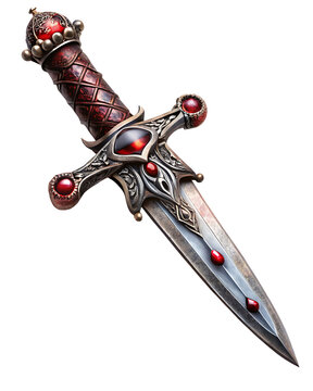 Ornate fantasy dagger with a silver engraved blade and red gemstones isolated on a transparent background