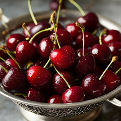 Shiny red frutas cherries in metal colander with soft background