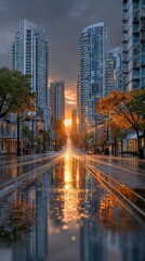 Obraz premium Dramatic urban canyon perspective with tall buildings