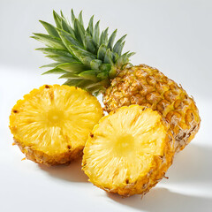 Ripe frutas pineapple cut in half with skin on clean white surface