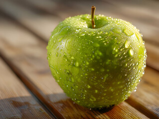 Green frutas apple with water droplets on wooden rustic table