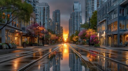 Naklejka premium Dramatic urban canyon perspective with tall buildings