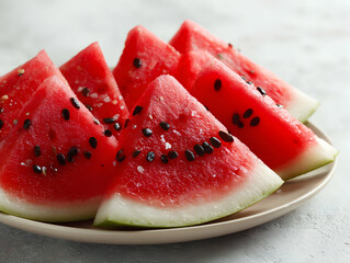 Sliced frutas watermelon on plate with soft daylight and seeds