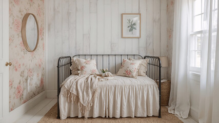 Cozy bedroom interior with vintage daybed rose patterned pillows floral wallpaper and light curtains creating a relaxed ambiance