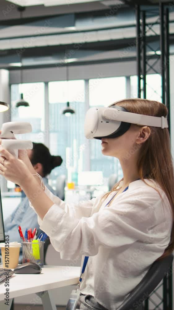 Poster vertical video junior dev using virtual reality at work, testing generative ai machine learning algo