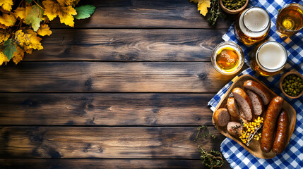 a horizontal layout of a wooden table with oktoberfest menu, beer glass, sausage plate and hops