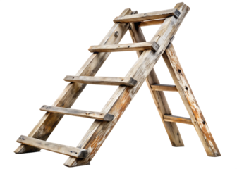 Weathered wooden step ladder with worn planks and metal fasteners isolated on a transparent background