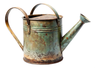 Aged green oxidized metal watering can with a dented surface and patina isolated on a transparent background