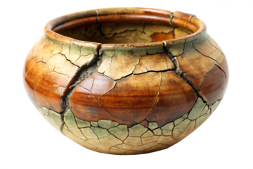 Heavily cracked earthenware pot with earth toned colors and a handmade appearance isolated on a transparent background