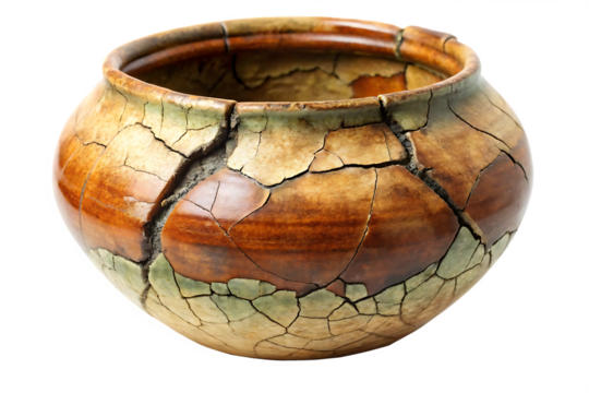 Heavily cracked earthenware pot with earth toned colors and a handmade appearance isolated on a transparent background