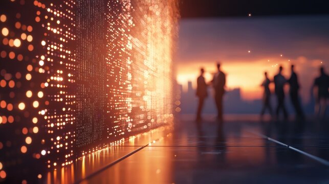 Dynamic business interaction against a futuristic digital wall urban setting visual representation high-tech environment abstract viewpoint