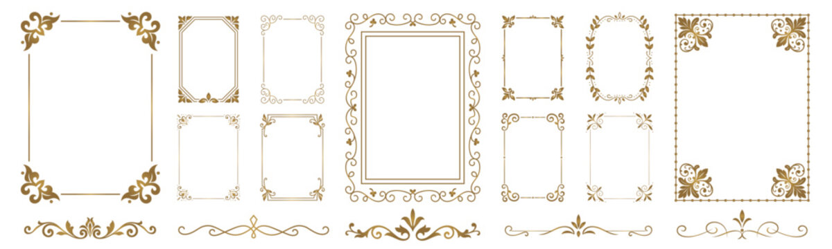 Collection of elegant golden vintage frames and ornate borders, perfect for invitations, certificates, greeting cards, and decorative design projects.