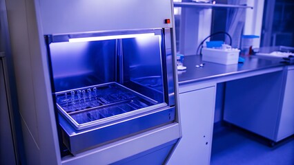 Laboratory equipment with vials inside a laminar flow hood under blue lighting