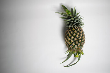 A pineapple showing its textured skin and leafy crown.