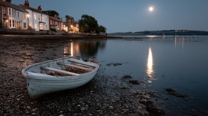 Moonlit boat on water  serene night scene for stock use