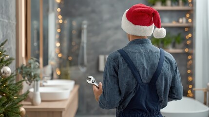 Faceless plumber in navy-blue overalls with red Santa hat preparing for holiday repairs in a modern bathroom